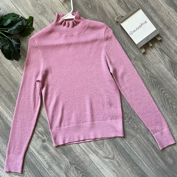 J. Crew Pink Metallic Merino Wool Ruffleneck Turtleneck Sweater. Size M - Picture 1 of 10